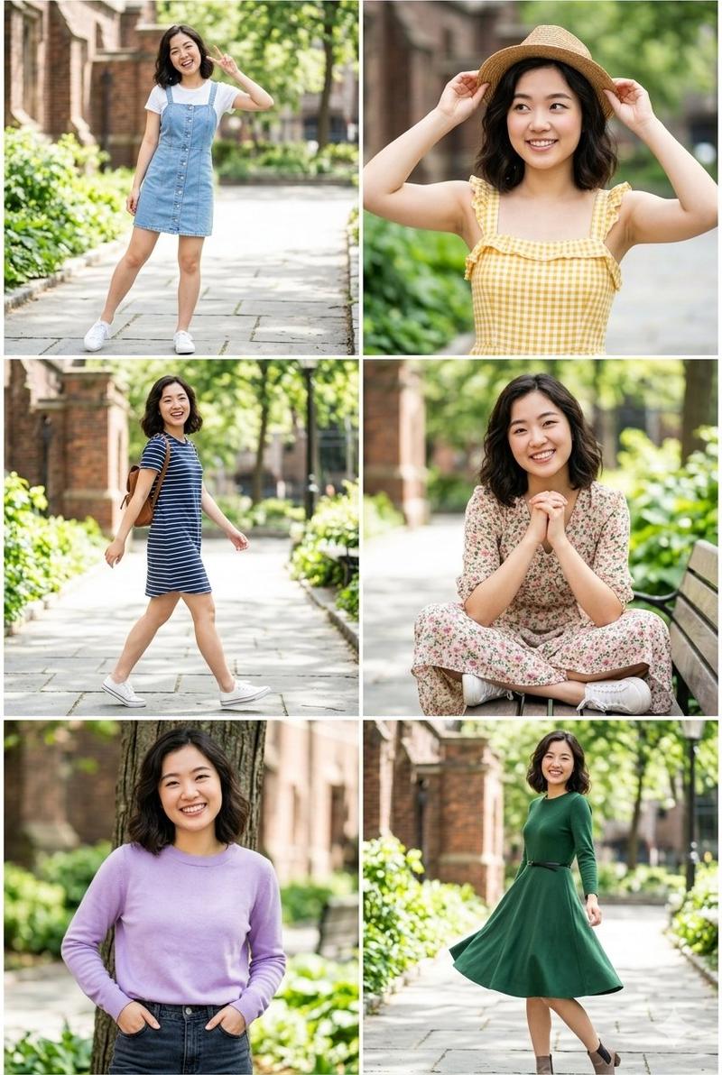 东亚女性户外穿搭六格人像拼贴画