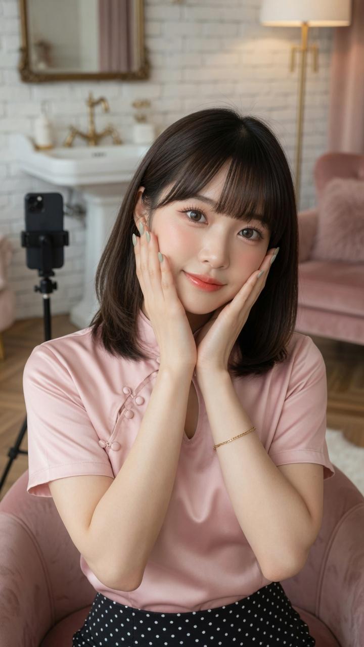 粉色绸缎衬衫东亚少女中景摄影