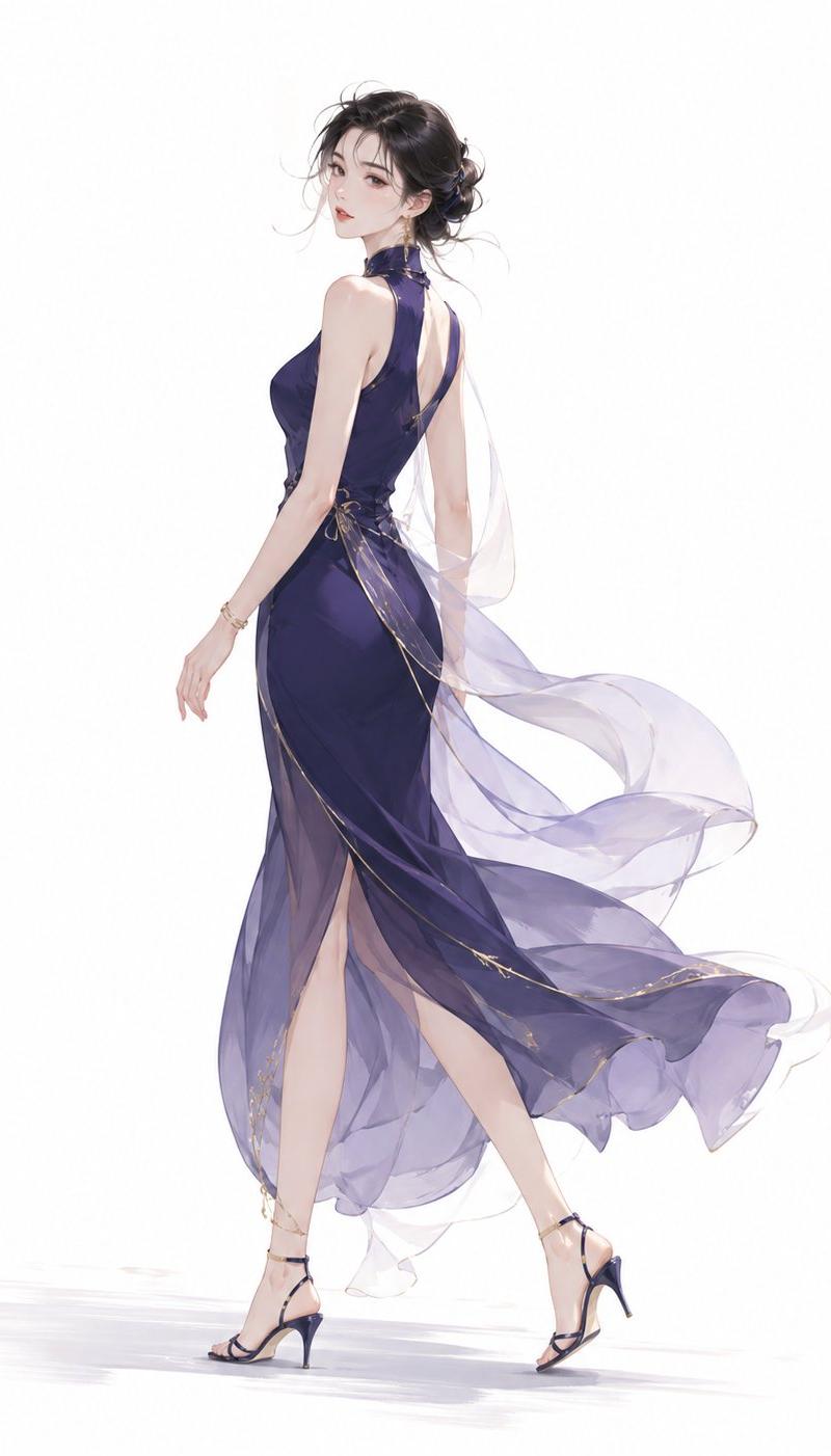 东方优雅女性极简行走插画