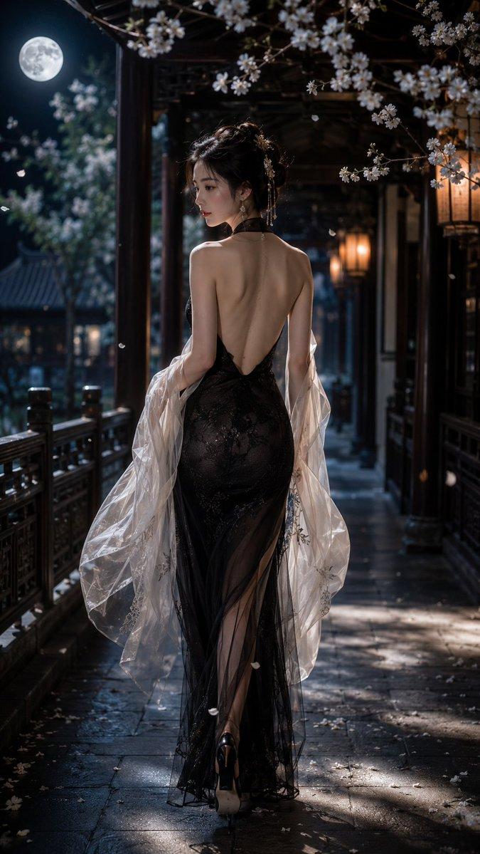 月光下古典回廊优雅女性