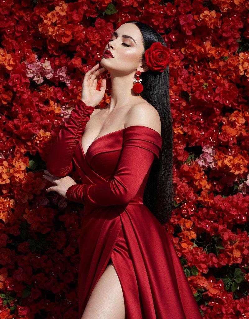繁花簇拥下的深红礼服优雅女神