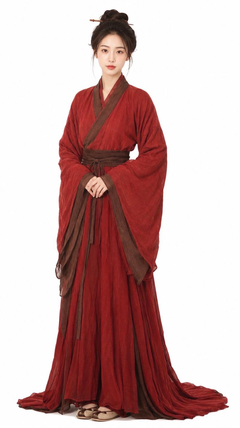 简约纯白背景优雅红色汉服古装美女全身像