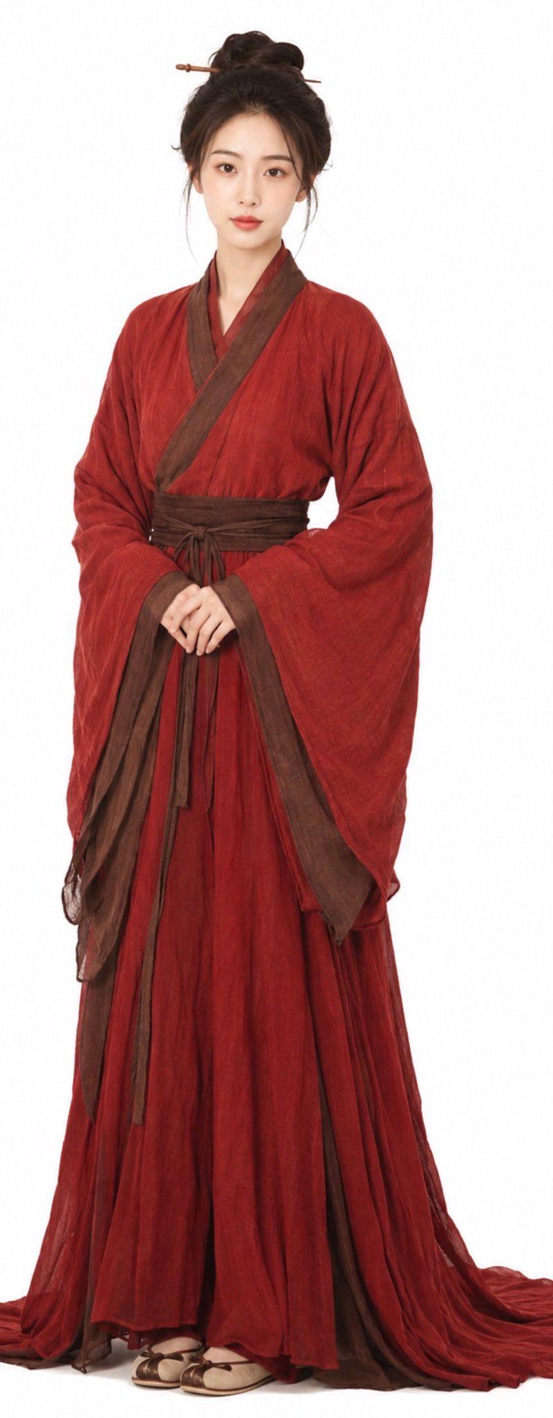 简约纯白背景优雅红色汉服古装美女全身像