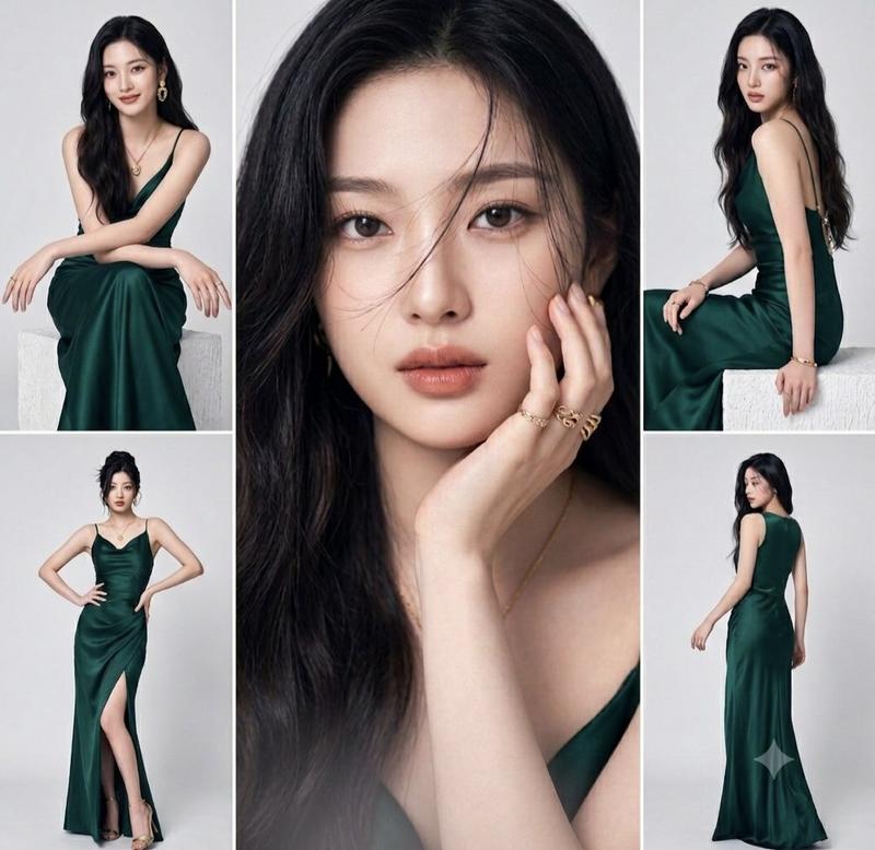 祖母绿缎面长裙东亚女性时尚摄影拼图