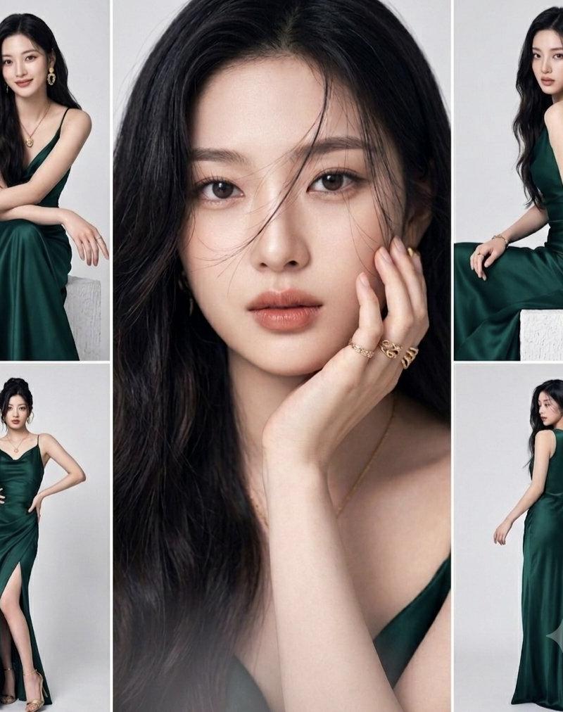 祖母绿缎面长裙东亚女性时尚摄影拼图
