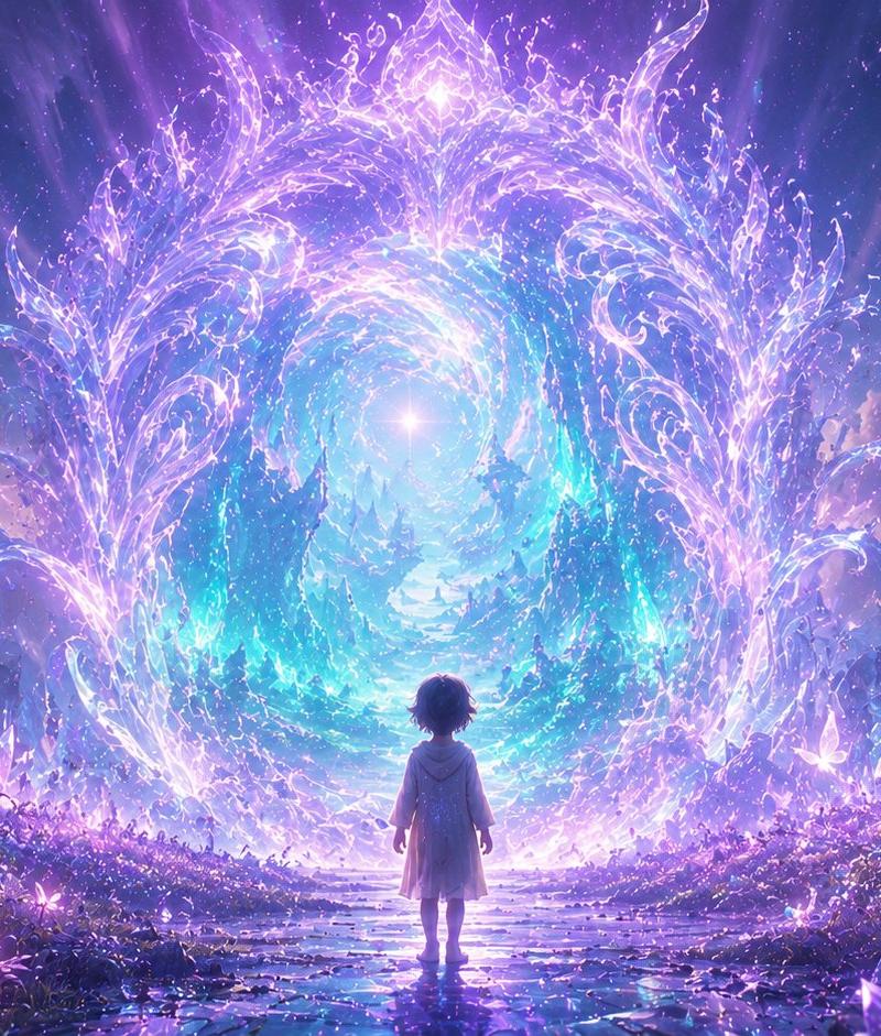 站在发光传送门前的史诗科幻构图
