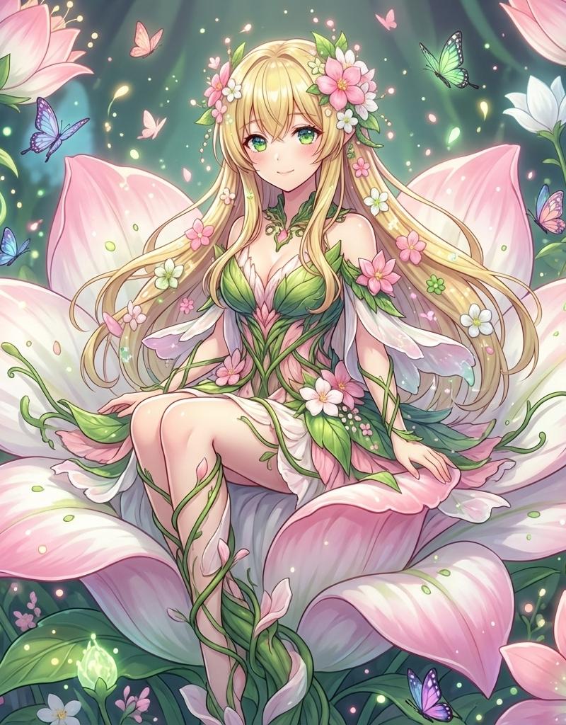 奇幻花灵少女绽放巨型花朵的梦幻礼服
