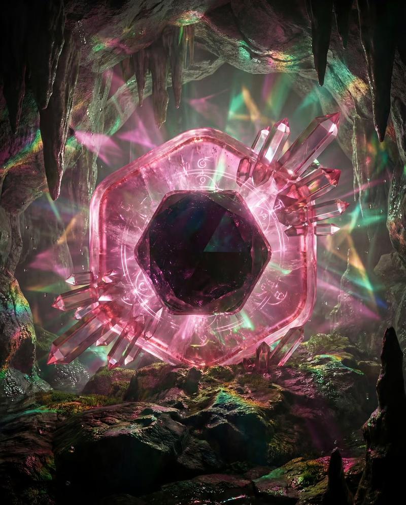 幽暗洞穴中生长的奇幻棱镜水晶
