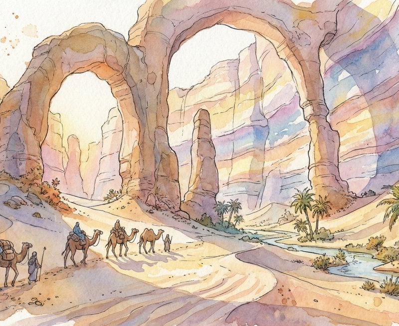 巨石峡谷绿洲的奇幻水彩商旅