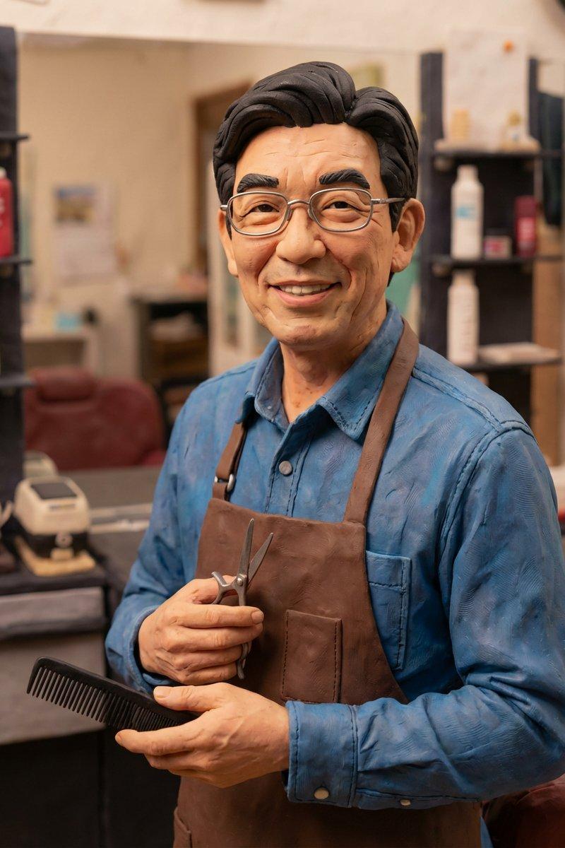 指尖艺术呈现的微缩粘土人偶剪刀手特写