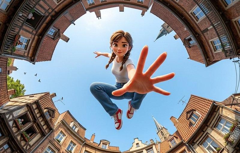 鱼眼镜头下跳跃的皮克斯风少女