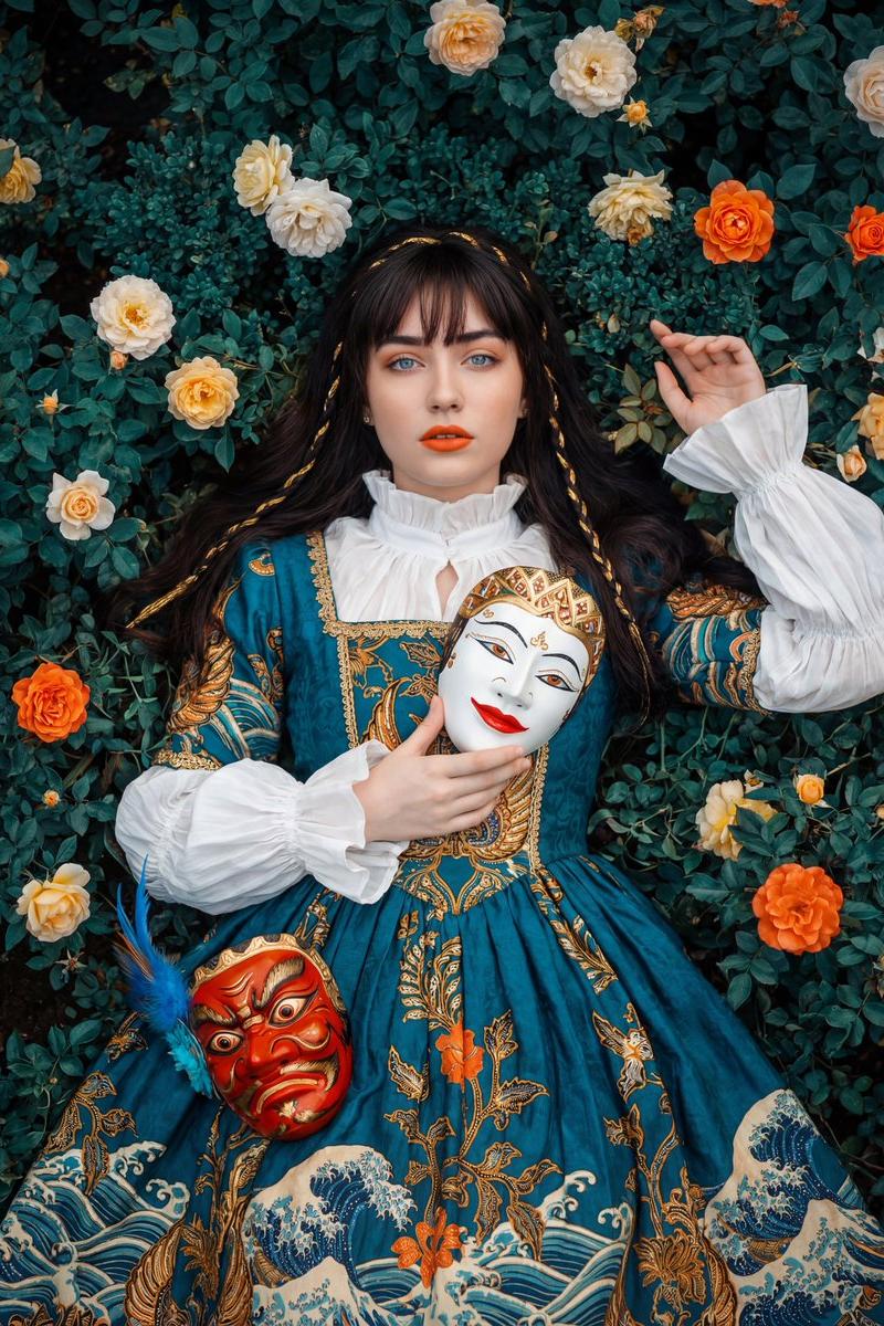 鲜花簇拥下身着蜡染礼服的印尼名媛