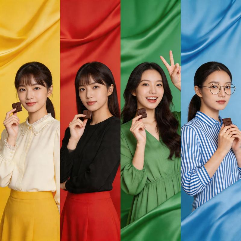 四色拼图亚洲女孩巧克力广告