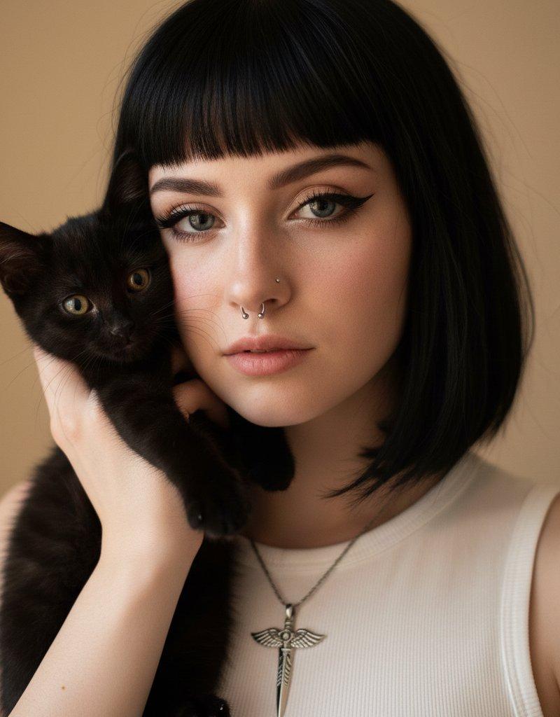 雀斑少女与琥珀眼黑猫的静谧时光