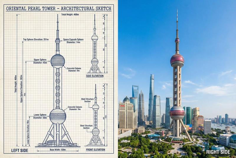 从蓝图到现实:东方明珠塔对比