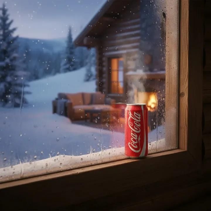 霜花窗前冰镇可乐与温馨雪夜小屋