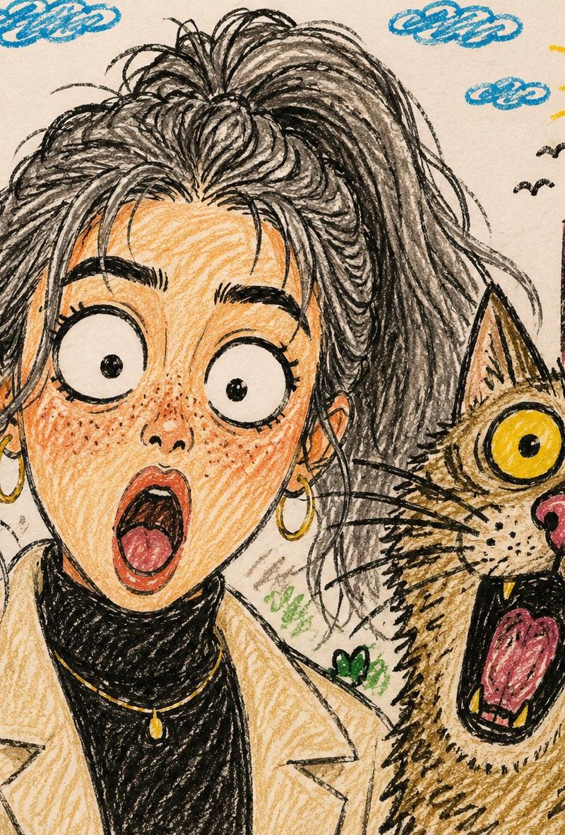 惊讶女孩与搞怪猫咪自拍蜡笔插画
