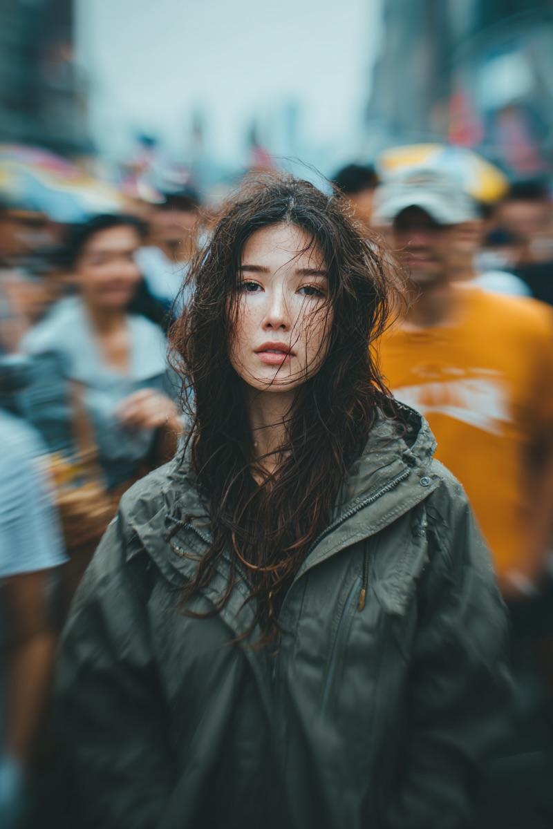 闹市虚影中的清冷凝视