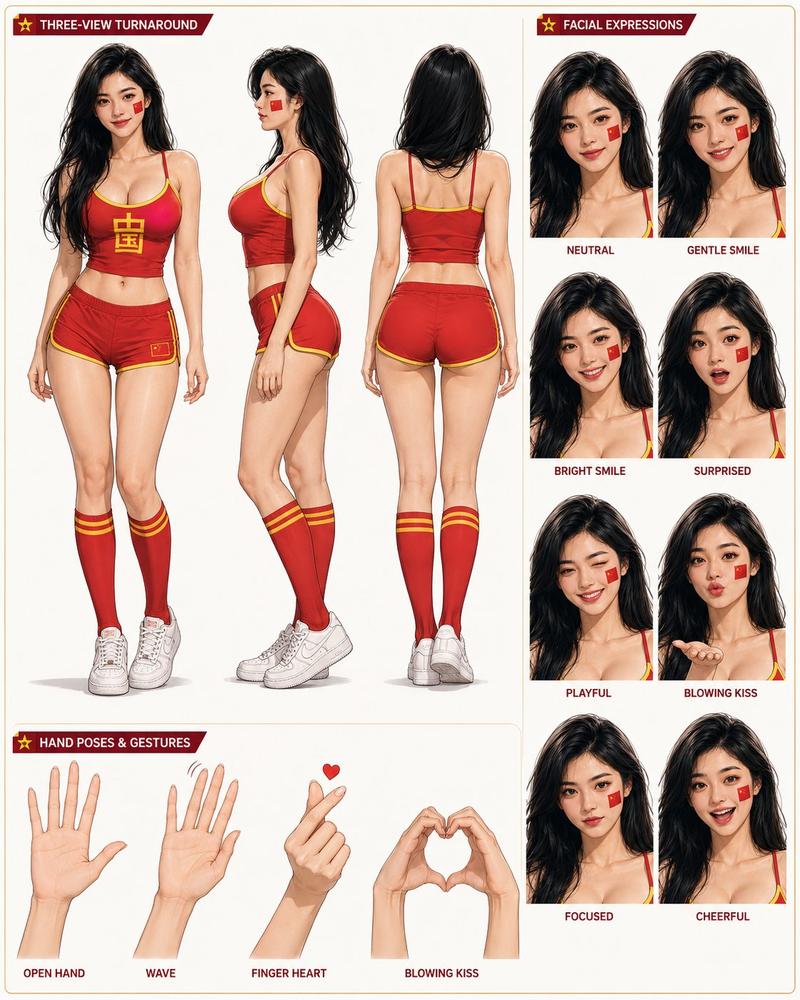 生成女主角三视图角色卡片
