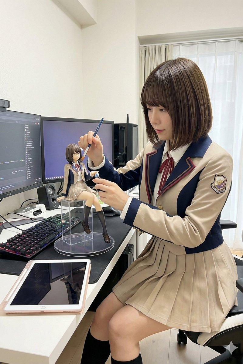 少女轻柔擦拭桌上的微缩手办