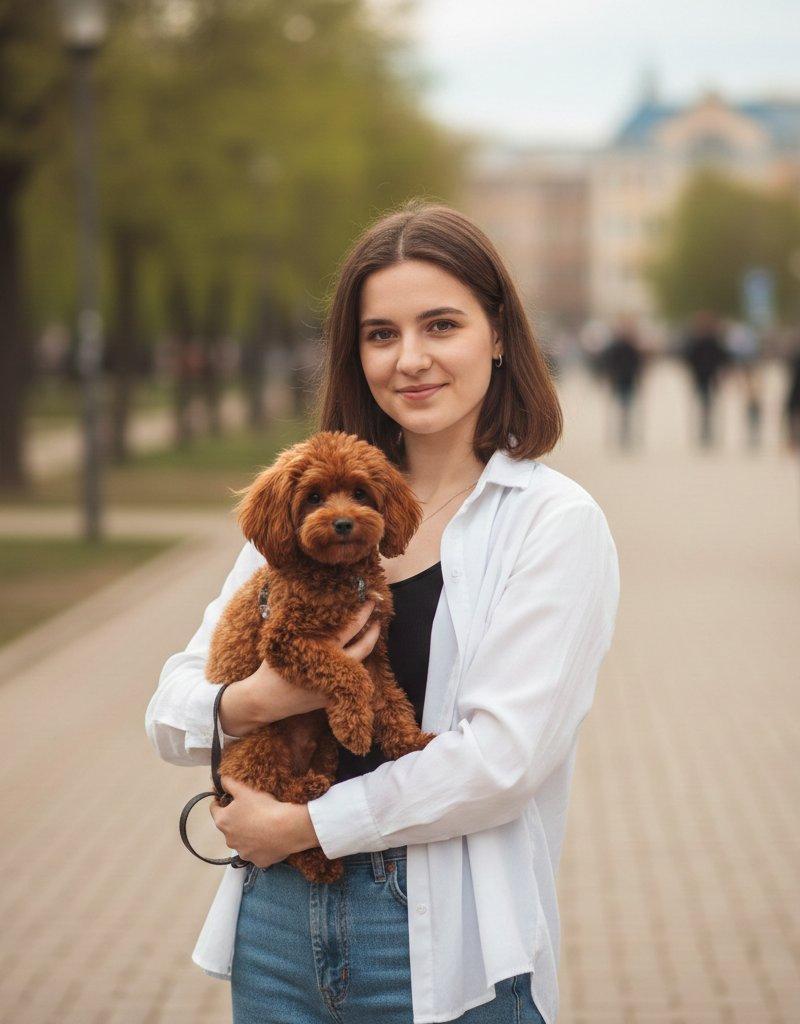 拥抱红褐色贵宾犬的都市清新少女