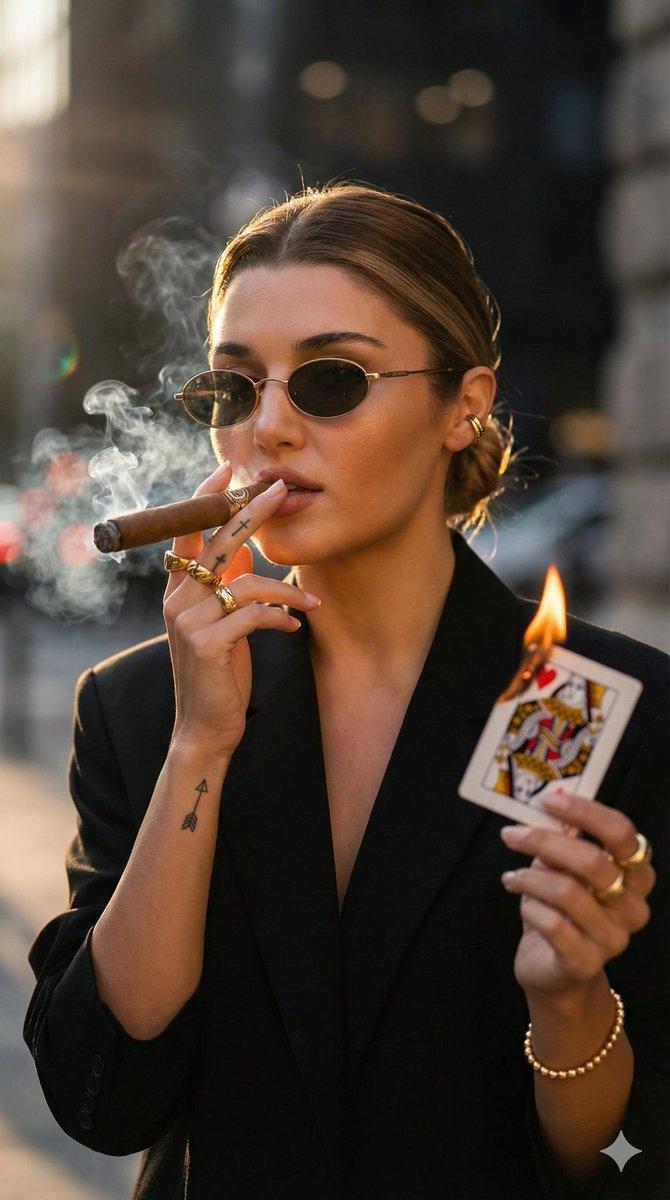 夕阳逆光下抽雪茄的时尚金发纹身女郎