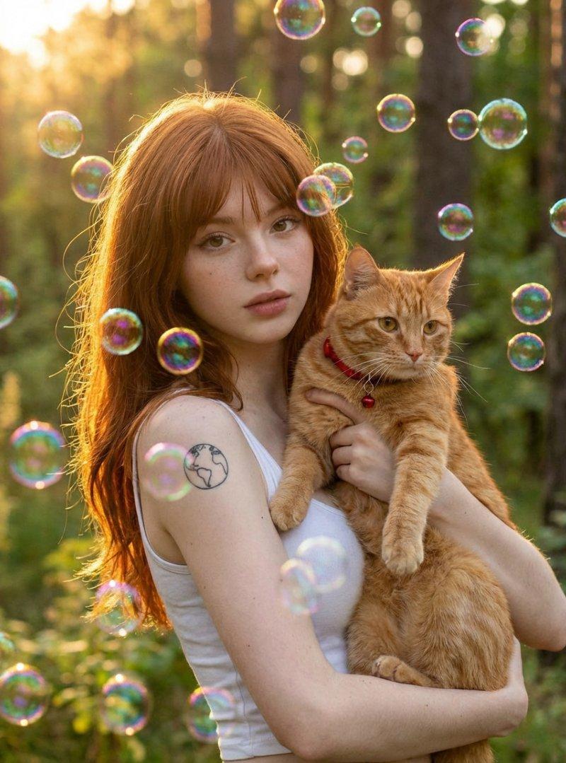 森林金光下的梦幻少女与橘猫泡泡