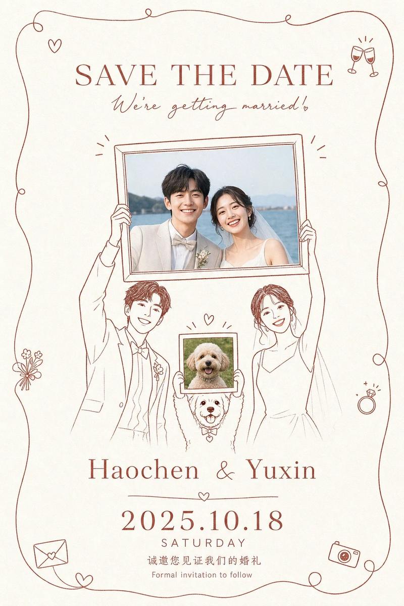 手绘线描婚礼预告请柬设计