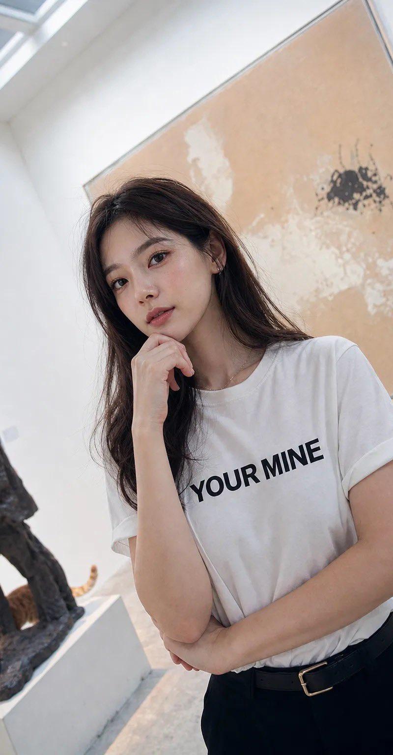 哈苏相机拍摄画廊中穿着字母T恤的东亚女性