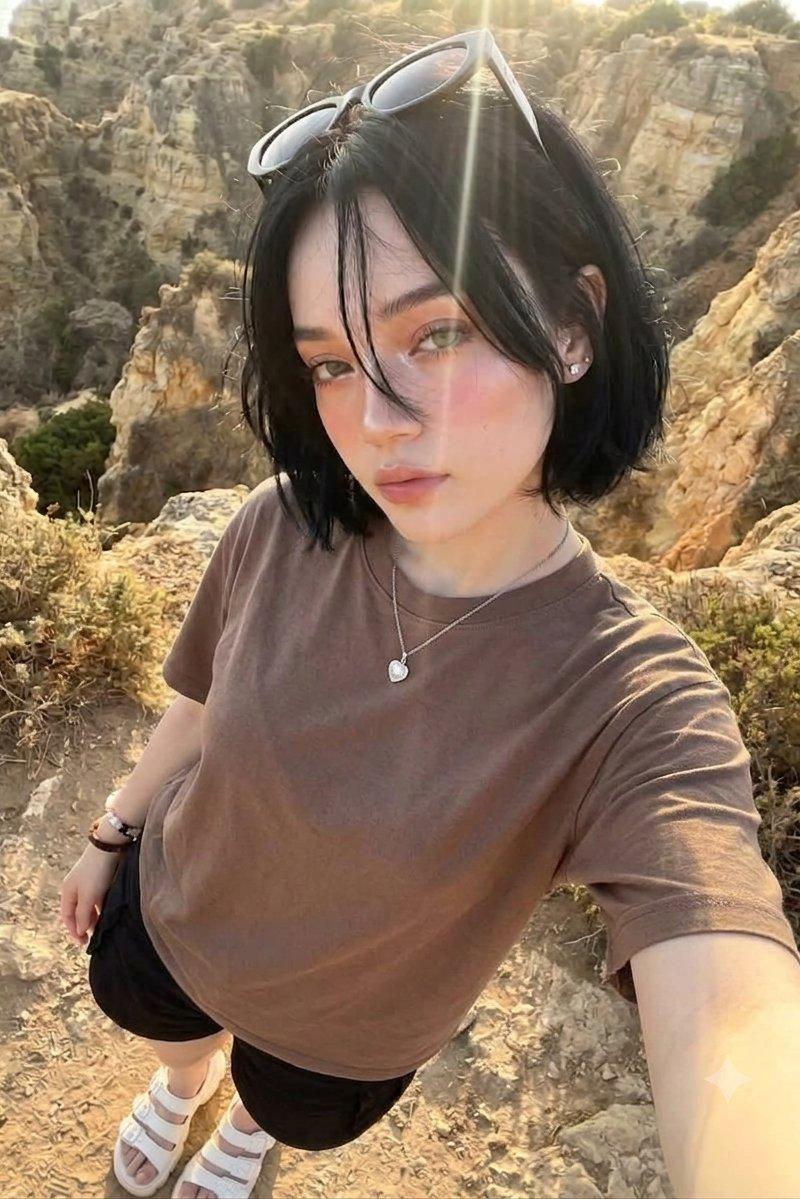 峡谷黄金时刻高角度俯拍女性
