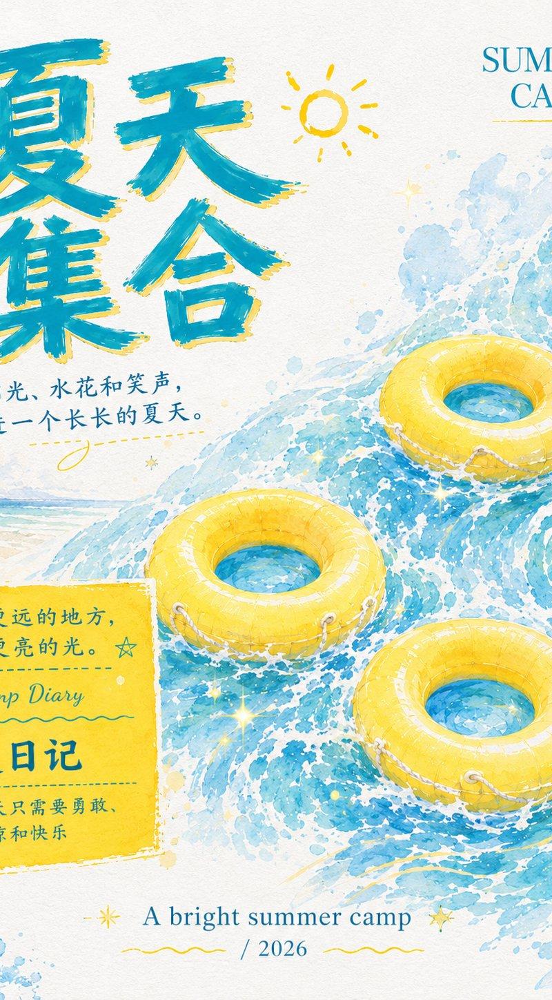 高级夏日活动海报黄色游泳圈蓝色水彩浪花