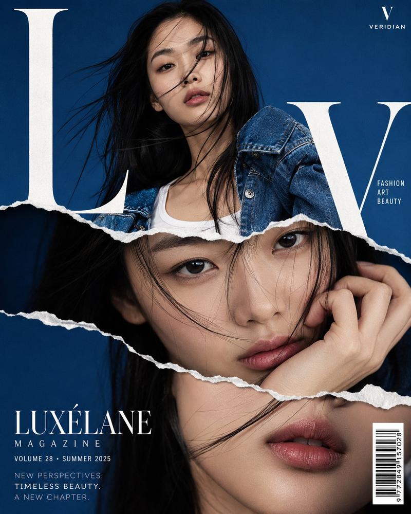高端时尚杂志封面撕纸拼接风东亚女性