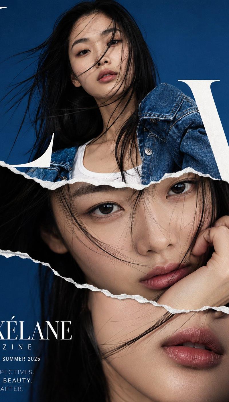 高端时尚杂志封面撕纸拼接风东亚女性