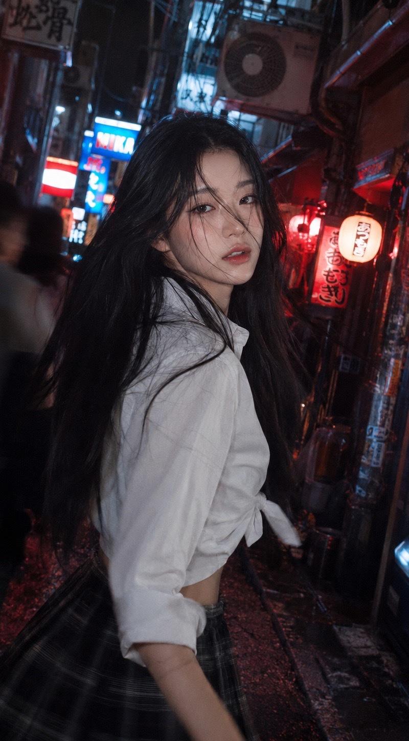 高颗粒感东京窄巷霓虹少女摄影