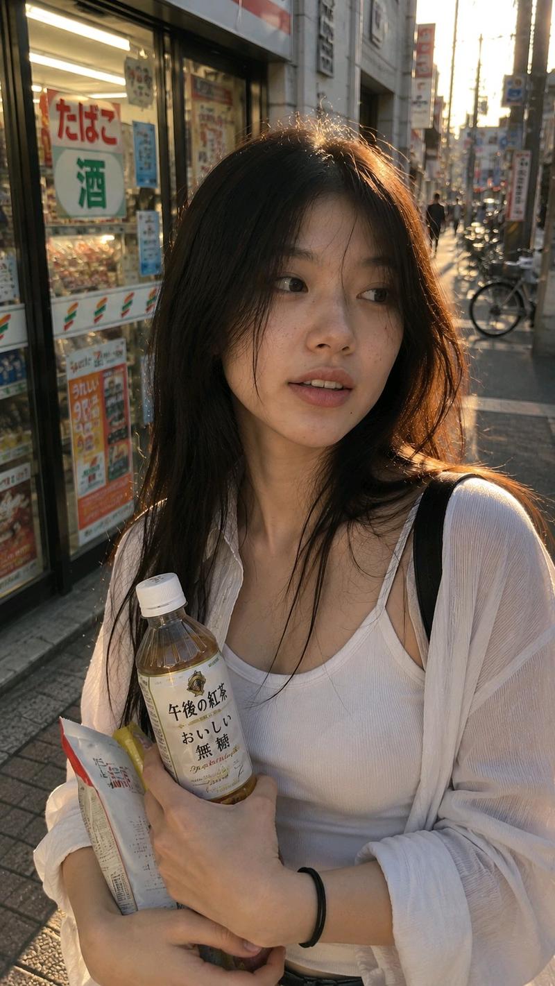 超真实手机抓拍便利店门口年轻女性