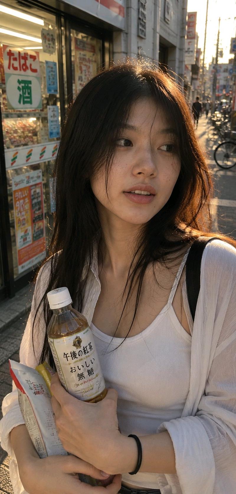 超真实手机抓拍便利店门口年轻女性