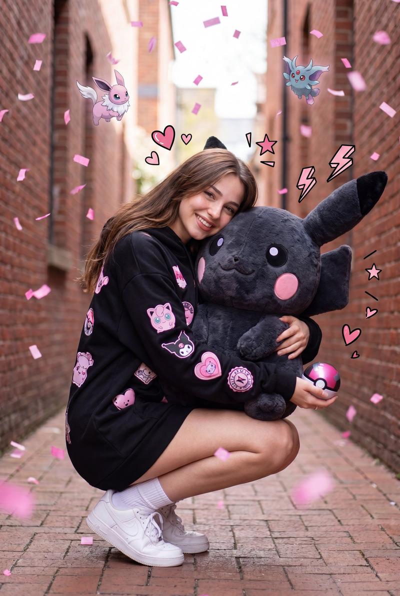 狭窄巷弄粉色皮卡丘少女梦幻写实人像