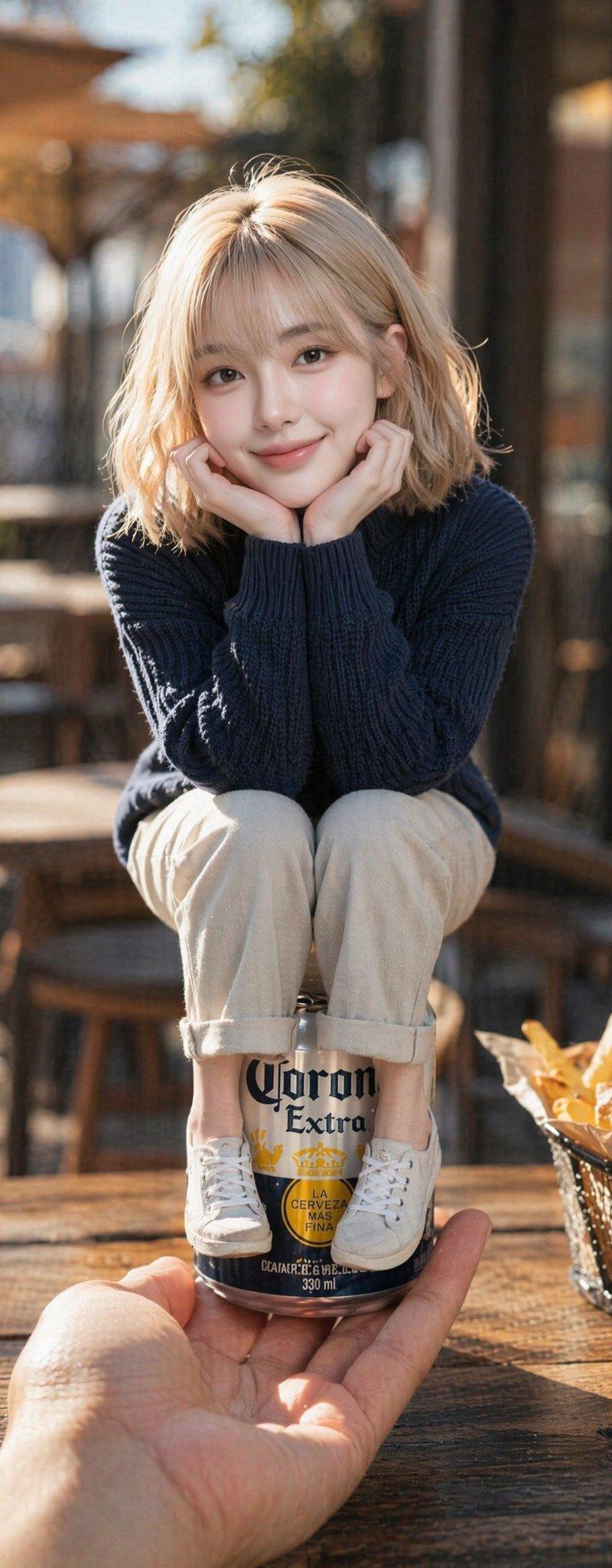 坐在啤酒罐上的金发女子超写实摄影