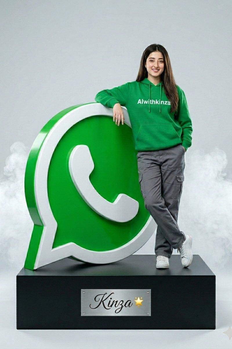 绿色卫衣女性与巨型WhatsApp标志超写实人像