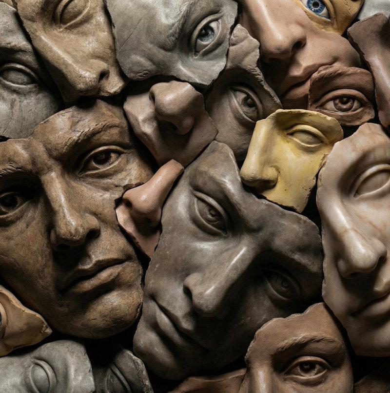 超写实破碎面孔雕塑拼贴