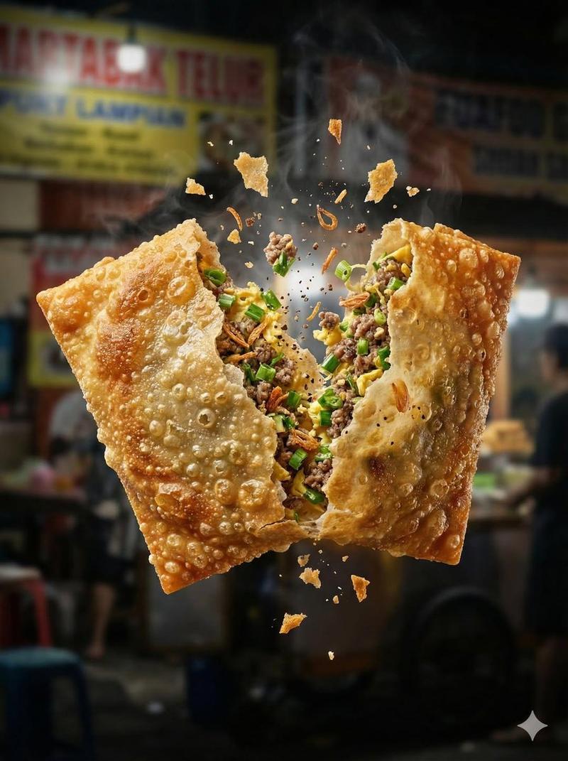 印尼街头玛尔塔巴克煎饼空中撕裂金黄酥脆牛肉爆浆
