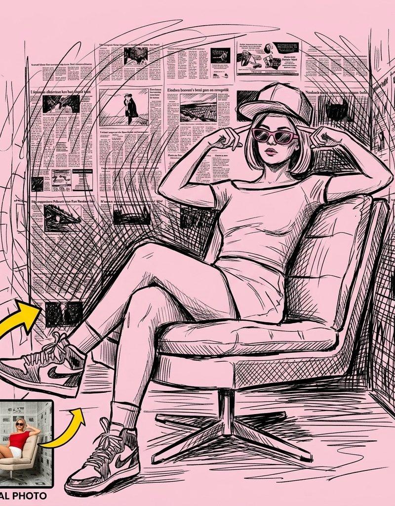 黑色墨水素描粉色背景时尚插画