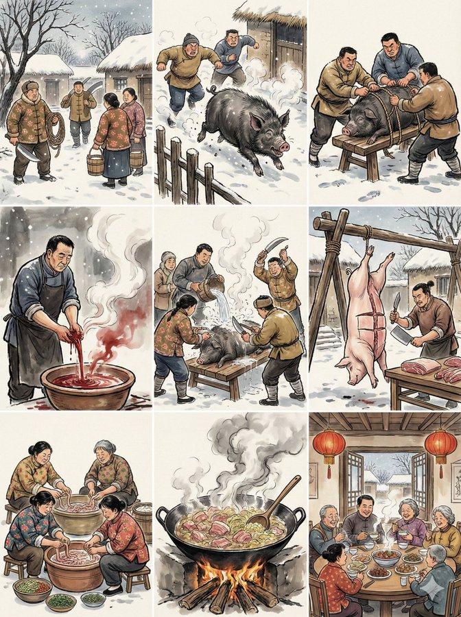 水墨九格杀年猪