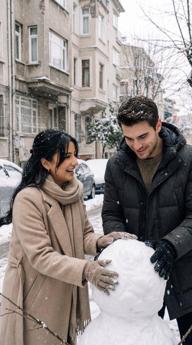 伊斯坦布尔街头恋人雪中堆雪人的纯爱瞬间