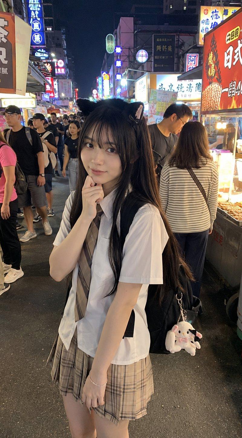 闹市霓虹下的猫耳发箍少女街拍