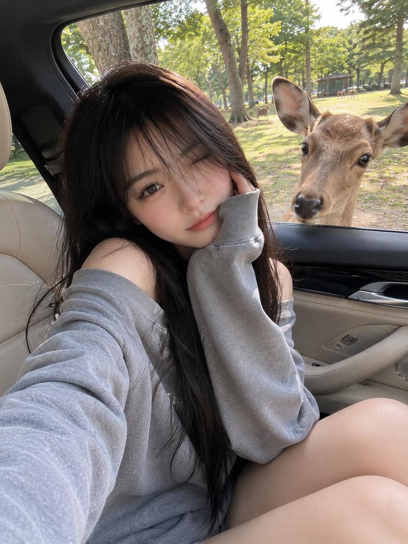 豪车内与鹿互动的日本少女生活照