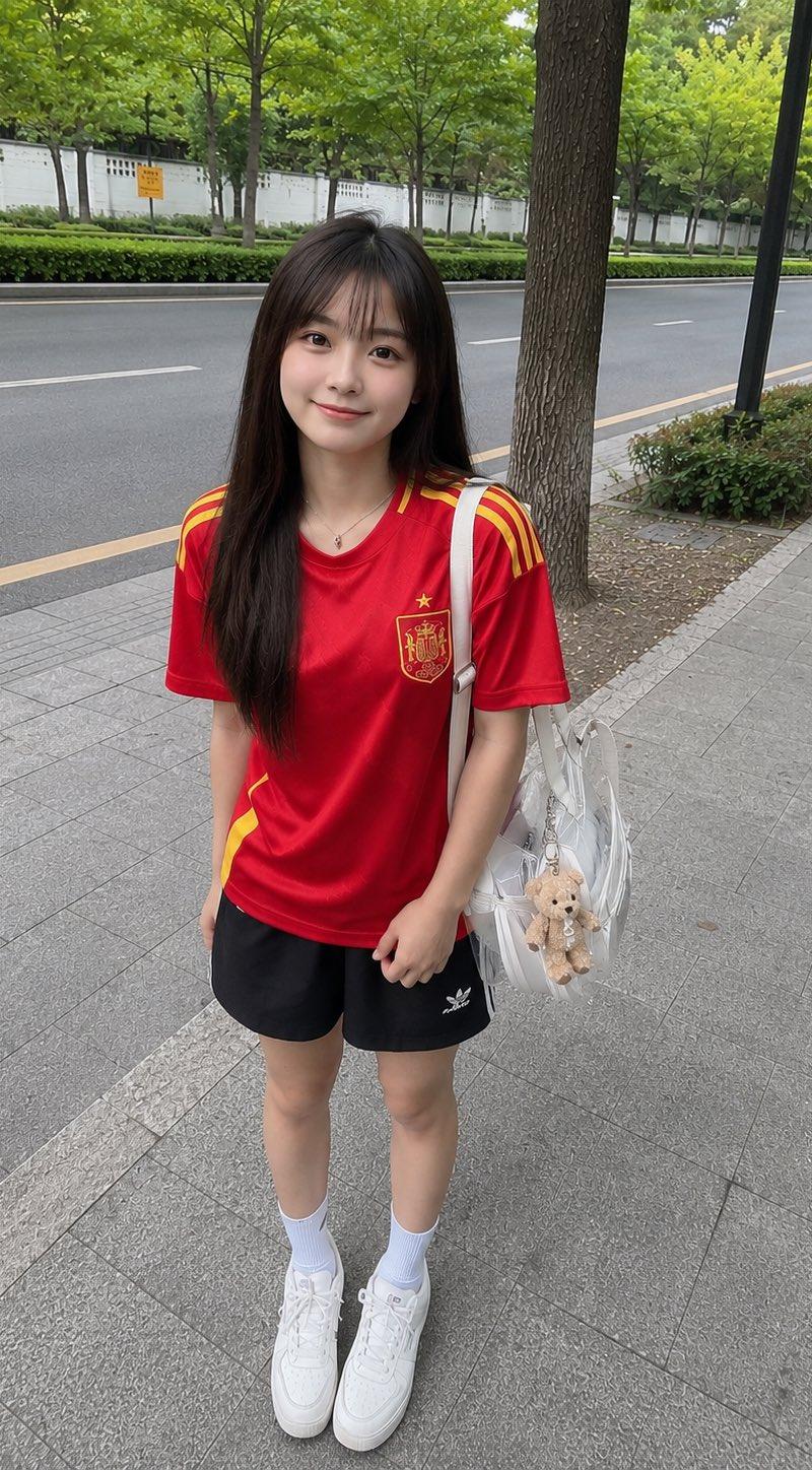 穿西班牙国家队球衣的日本少女路边随拍