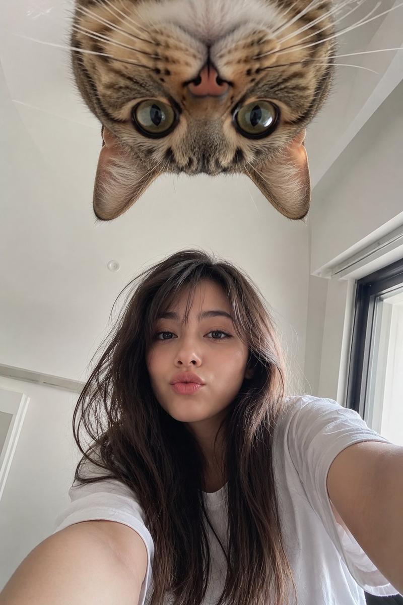 日本少女与倒挂猫咪低角度手机自拍