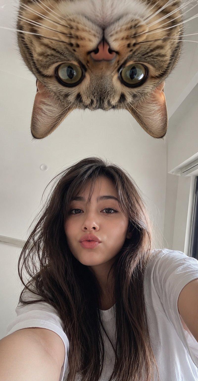 日本少女与倒挂猫咪低角度手机自拍