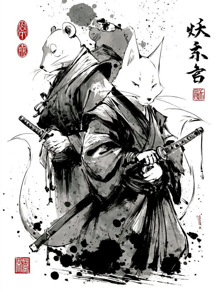 日式水墨狐狸与老鼠武士插画